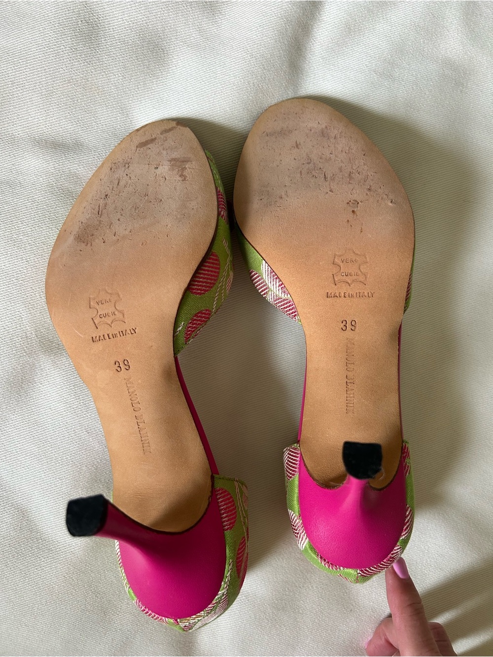 Manolo Blahnik Pink and Green Open-Toe D'Orsay Heels with Buckle - Picture 4 of 4